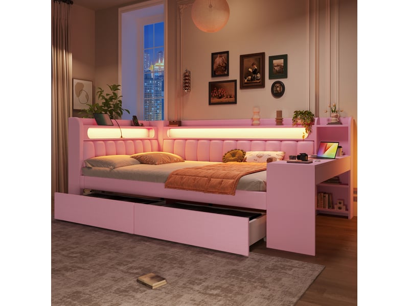  Lit plateforme 140x200 avec bureau, led 7 couleurs, usb, 2 tiroirs, mdf et contreplaqué, rose, sans matelas  - Conforama D