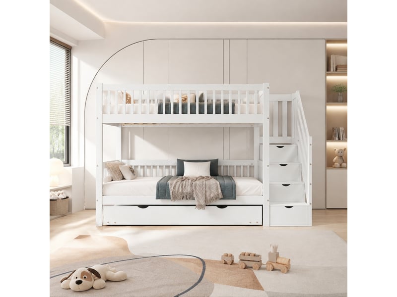 Lit superposé enfant avec lit gigogne et échelle-rangement blanc 90 x 200190 cm - Conforama C
