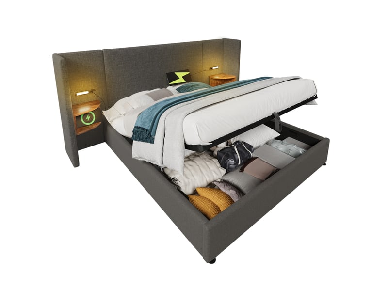  Lit double 180 x 200 cm avec rangement hydraulique, lampes de lecture et recharge usbtype-c, gris  - Conforama A
