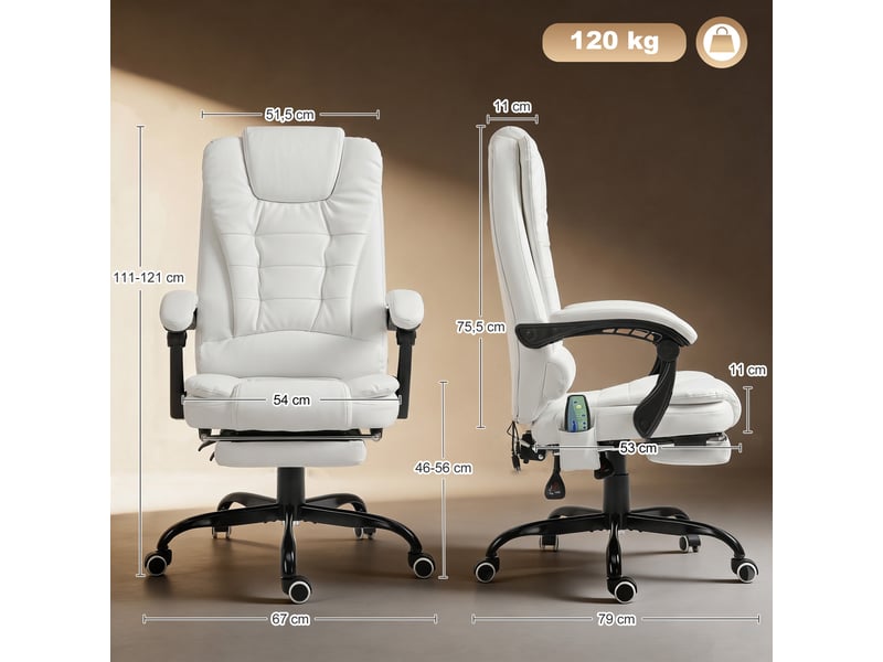 Fauteuil de bureau avec 7 points de massage, repose-pieds rétractable, hauteur réglable, télécommande et revêtement en tissu pu blanc  - Conforama E