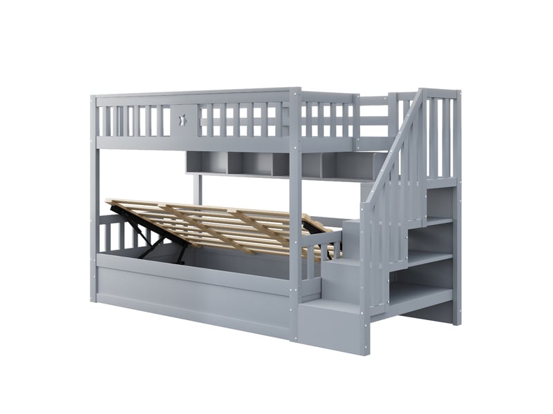  Lit superposé avec rangement 90x200 gris, lit coffre hydraulique et escalier sécurisé, structure en bois massif pour enfant et ado  - Conforama D