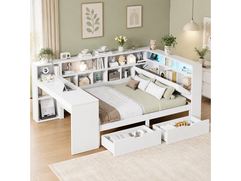  Lit 140 x 200 cm en l blanc avec bureau, bibliothèque, tiroirs et éclairage led  - Conforama C