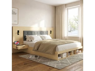 Lit double avec rangement - 180x200 cm - chêne clair - station de charge usb & type-c - lampe de lecture intégrée