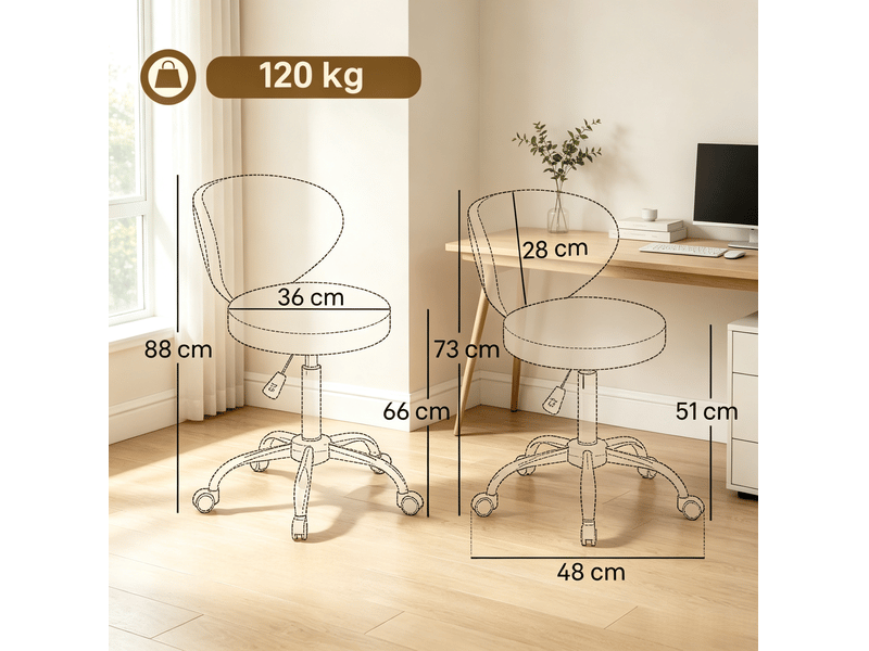  Tabouret de massage à roulettes pivotant à 360 degrés avec dossier et hauteur réglable 51 à 66 cm  - Conforama D