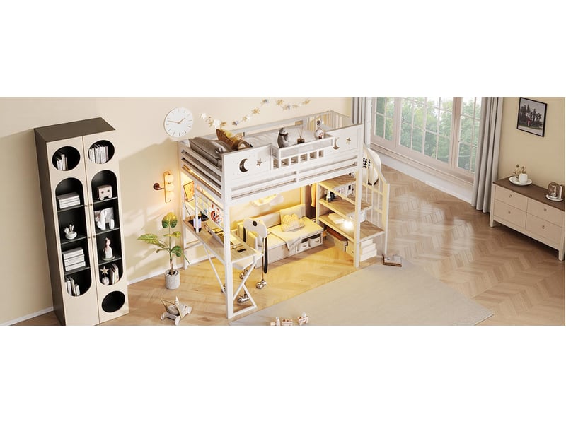  Lit mezzanine 90x200 cm, avec bureau et rangements, led et usb, en métal, blanc, sans matelas  - Conforama D