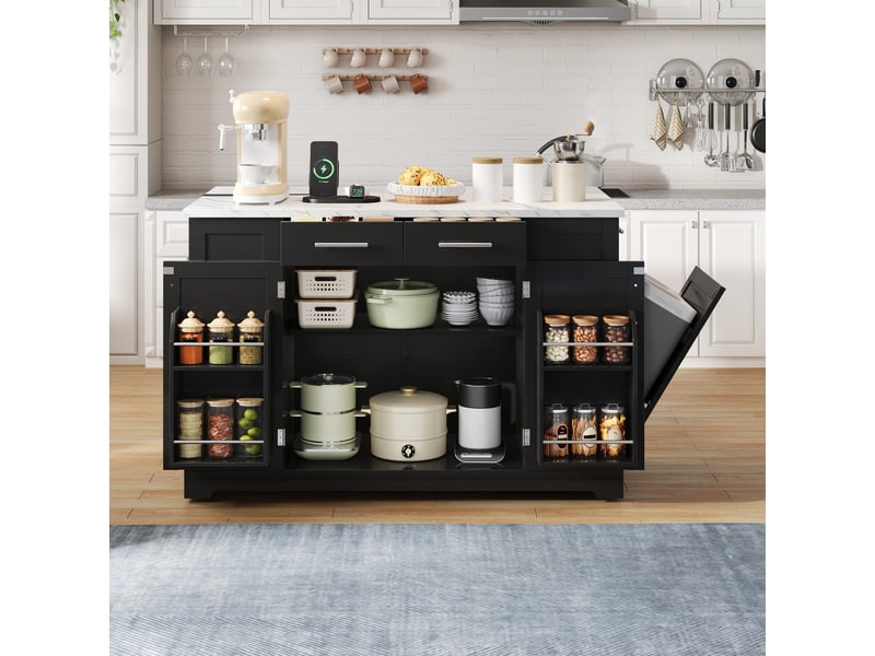 Desserte de cuisine à plateau rabattable avec prise, poubelle coulissante et roulettes, en mdf noir, 138×86×92 cm - Conforama C