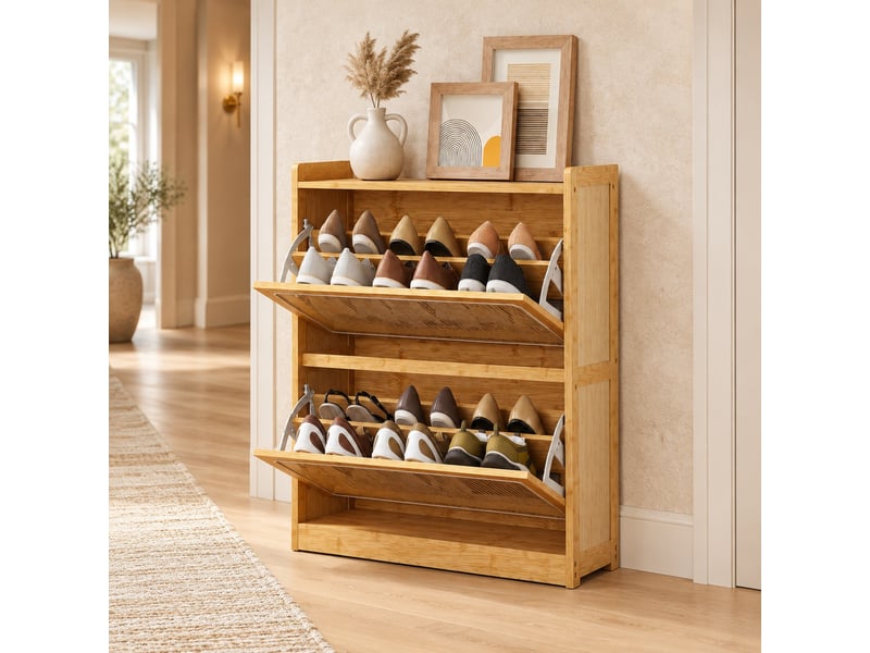 Meuble à chaussures 12 à 14 paires, 2 abattants réglables, bambou et rotin pe, naturel - Conforama C