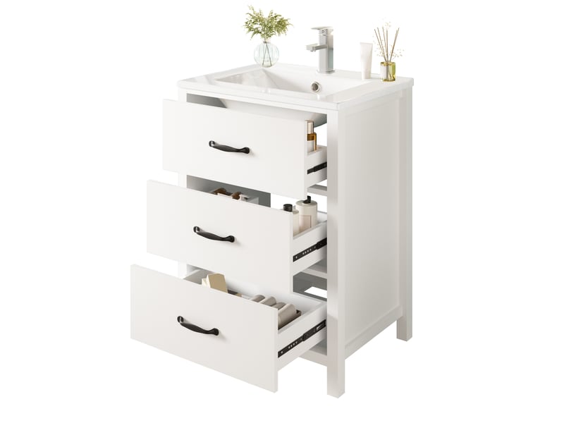 Meuble salle de bain sur pied 61 cm meuble vasque blanc 3 tiroirs - Conforama A
