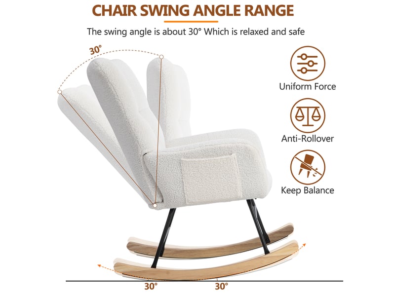  Fauteuil à bascule blanc en bouclette, repose-pieds réglable 49 x 38 x 38 cm, structure en bois et patins feutre  - Conforama E