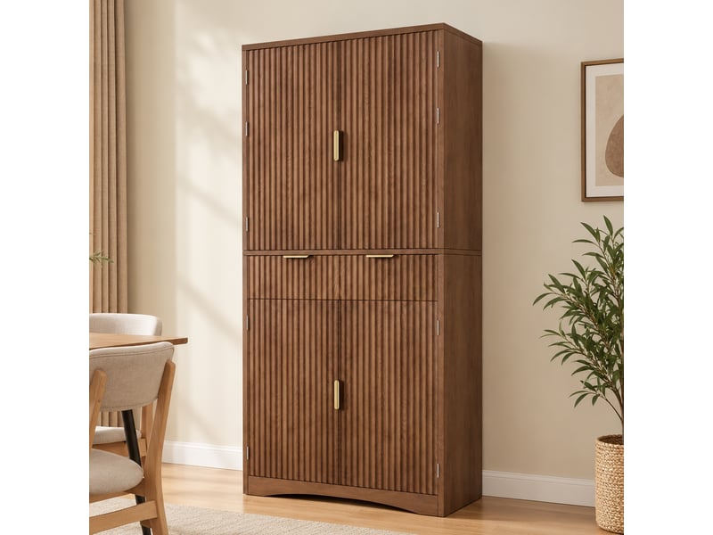  Buffet haut 78x40x180 cm avec portes à lamelles, armoire de rangement avec tiroirs et étagères réglables pour cuisine et séjour, noyer Seren Glow - Conforama E