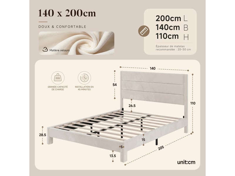  Cadre de lit 140x200 cm rembourré, lit double avec structure métallique et sommier à lattes en bois, charge maximale 500 kg, beige  - Conforama E