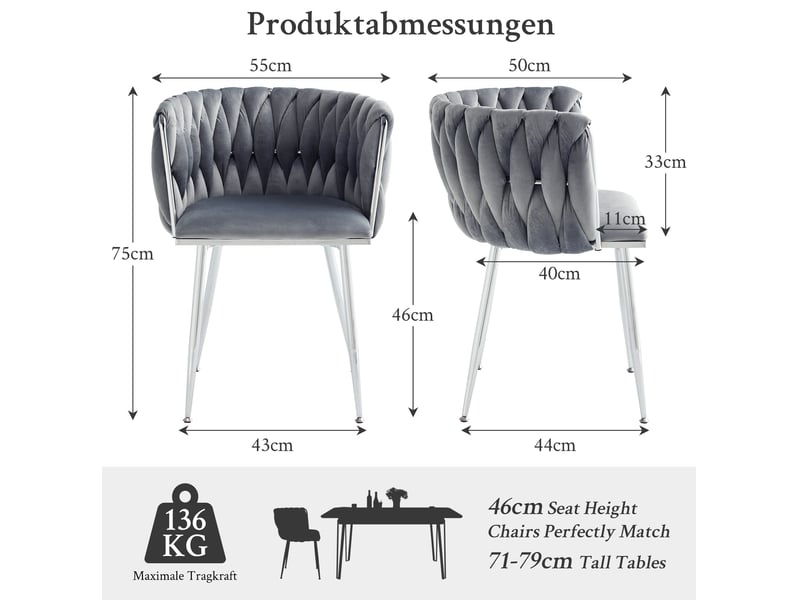  Chaise de salle à manger lot de 2 en velours avec dossier bas tressé et pieds argentés gris 55 × 48 × 75 cm  - Conforama C