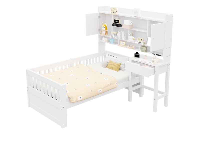  Lit combiné enfant 90x200 cm avec bureau, rangements et led blanc  - Conforama A