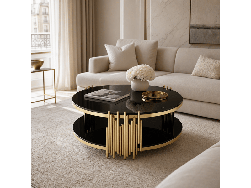  Table basse ronde en verre noir double plateau avec piètement en acier doré pour salon salle à manger ou bureau  - Conforama B