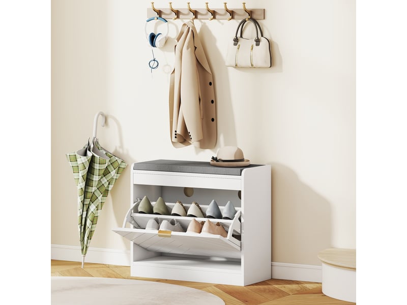  Banc à chaussures, banc de rangement, assise rembourrée, tiroir rabattable, porte avec motif 60 x 26 x 52,5 cm, blanc  - Conforama C