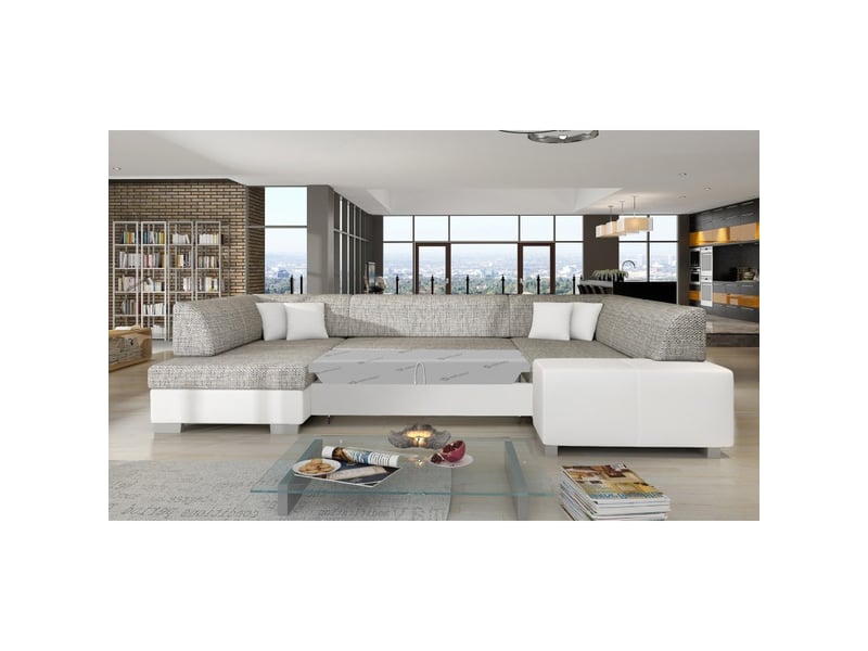  Canapé panoramique en u gris &amp; blanc convertible 6 places havane avec coffre à literie  - Conforama D