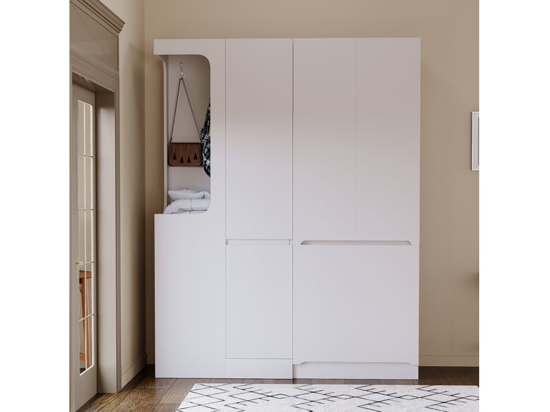  Armoire grande capacité 140x40x170 cm, penderie ouverte, 4 tiroirs et multiples compartiments, bois, couleur blanc  - Conforama D