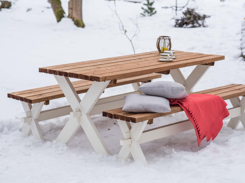  Axi | celine table de pique nique en bois et 2 bancs 177x75 cm | couleur marronblanc, epicéa | table picnic pour 6 personnes  - Conforama D