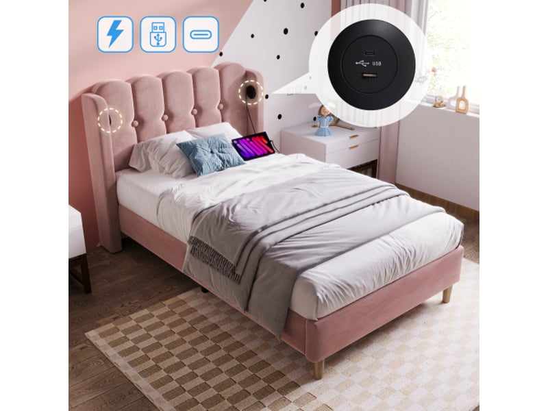  Lit simple 90x200 cm, lit enfant avec fonction de chargement usb type c, tissu en velours, rose, sans matelas  - Conforama B