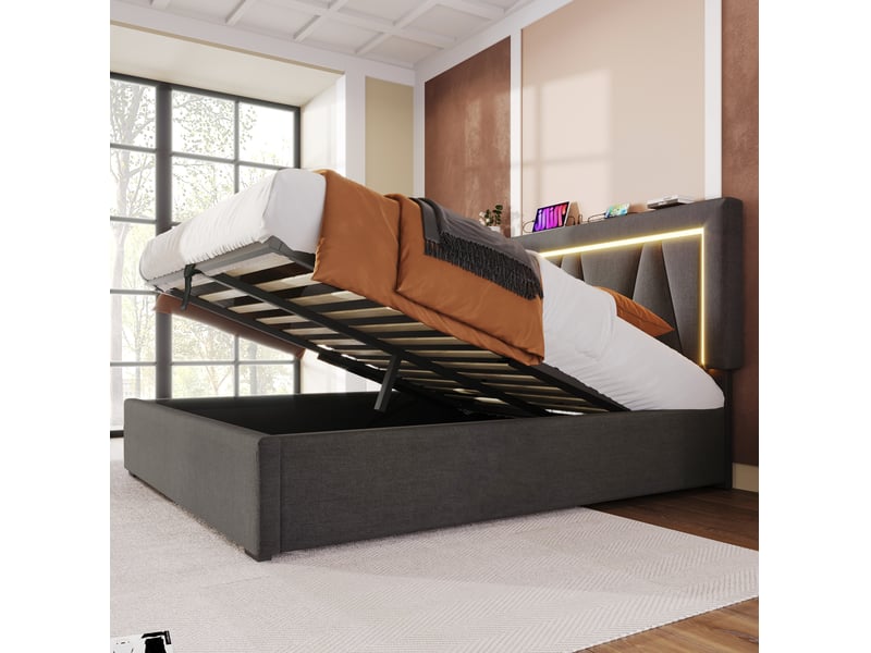  Lit coffre 2 places 160x200 cm, sans matelas, lin gris, sommier à lattes, type-c, usb, doté de led intégré  - Conforama E