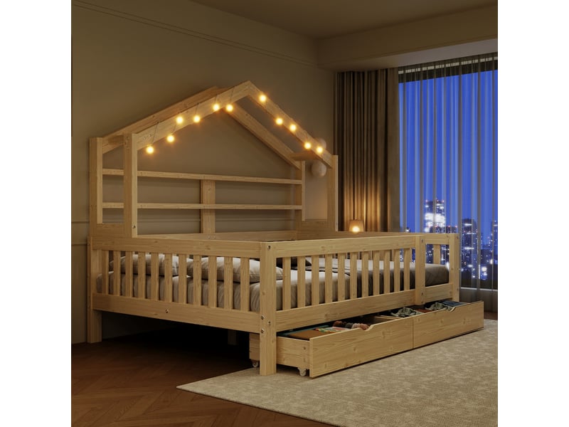  Lit enfant en bois, forme de maison, 140 x 200 cm, avec éclairage led, tiroirs et barrières de sécurité, couleur naturelle N879P000530N - Conforama D
