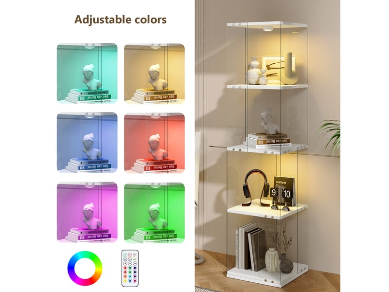  Vitrine verre rotative 360° - 38x38x160cm - bibliothèque pivotante 4 niveaux avec éclairage led multicolore tactile - blanc  - Conforama D