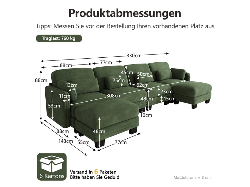  Canapé panoramique modulable en u 4 places avec 2 poufs, assise large et profonde, tissu chenille vert, cadre bois massif, 330 x 143 x 88 cm  - Conforama D