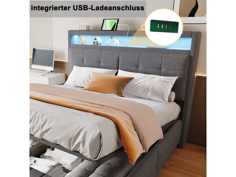  Lit coffre double 160×200 cm rangement hydraulique, led, usb et étagères  - sans matelas, tissu gris  - Conforama E