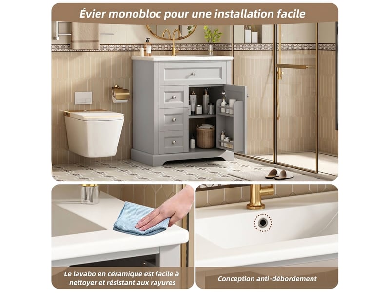  Meuble salle de bain avec lavabo 76x46x87cm meuble vasque sur pied gris en mdf avec tiroirs  - Conforama B