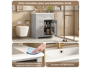Meuble salle de bain avec lavabo 76x46x87cm meuble vasque sur pied gris en mdf avec tiroirs