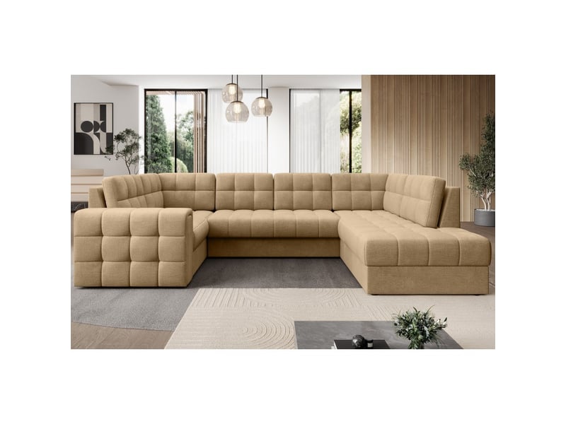  Canapé d'angle convertible monteza marron clair 299 cm avec coffre et couchage  - Conforama E