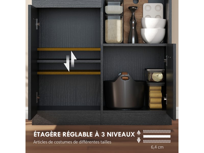  Buffet haut de cuisine 4 portes 1 tiroir avec étagères noir 80 x 35 x 180 cm  - Conforama E