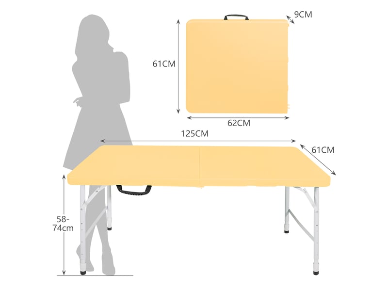 Table de jardin pliante 125 x 61 cm jaune, hauteur réglable 58-74 cm, avec poignée, supporte jusqu'à 135 kg  - Conforama C