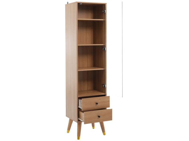  Armoire vitrine avec 3 étagères réglables et 2 tiroirs, meuble haut avec porte en verre à ouverture par pression, pour salon ou bureau, naturel Seren Glow - Conforama A