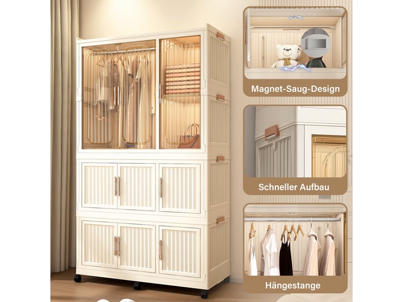 Armoire de chambre - 92 x 45 x 158 cm - beige - dressing modulaire pliable avec 9 portes magnétiques et roulettes - Conforama D