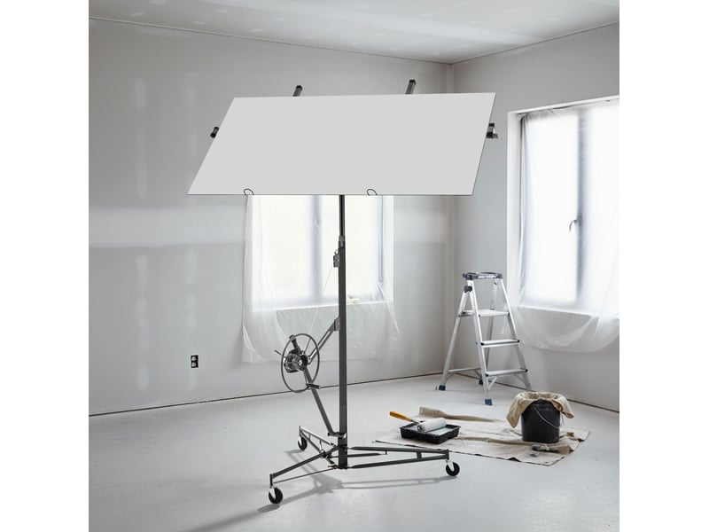 Lève-plaques pliable 125 x 137 x 180 cm, gris en acier, charge 68 kg, hauteur réglable de 180 à 470 cm - Conforama B
