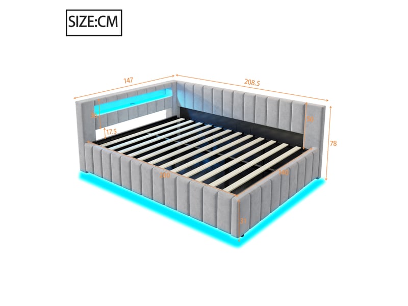 Lit coffre rembourré 2 places 140x200 cm avec rangement hydraulique, led, usb, tête de lit et dossier rembourrés, sommier à lattes, velours gris clair  - Conforama E