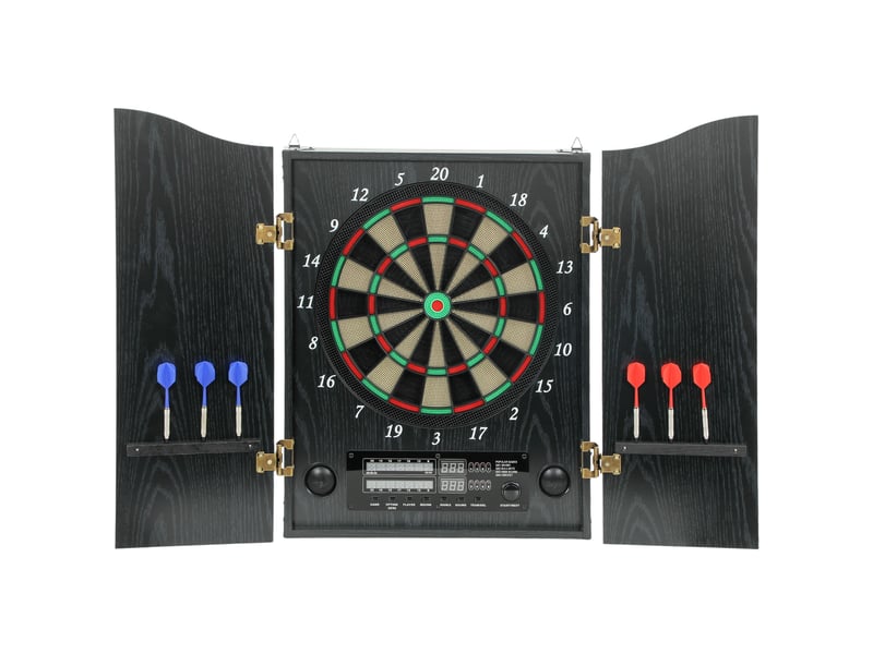  Cible de fléchettes électronique, 6 fléchettes à pointe souple et 24 pointes de rechange, 2 écrans led. 25 jeux et 202 variantes  - Conforama B