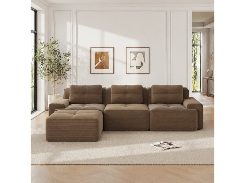 Canapé modulaire 3 places en velours côtelé marron, configuration en l sans montage pour votre salon - Conforama B