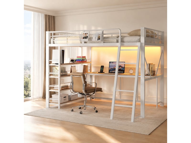  Lit mezzanine modenvie 140 x 200 cm avec bureau intégré, étagère 4 niveaux, panier de rangement, port usb, led, métal et mdf, blanc  - Conforama E