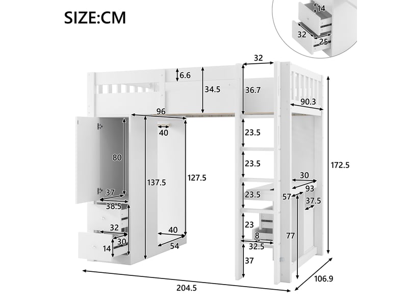 Lit mezzanine 90 × 200 cm, bureau, penderie et 4 tiroirs, blanc - Conforama C