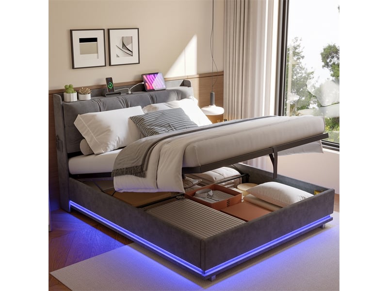  Lit 140x190cm - lit coffre 140x190cm - lit rembourré velours, tête de lit led, usb et sommier relevable avec rangement - gris  - Conforama B