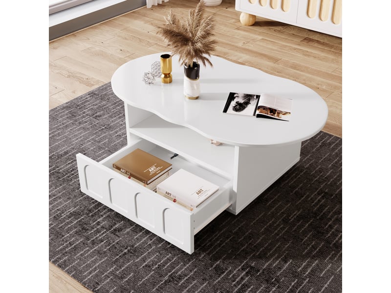  Table basse 100x60x39cm, table de salon avec tiroir de rangement, plateau en forme de nuage, panneau de particules, blanc  - Conforama C