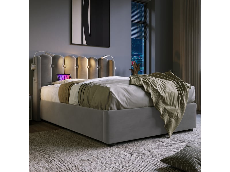  Modenvie lit coffre 90x200 cm - avec rangement, ports usb et liseuse - sans matelas, gris  - Conforama E