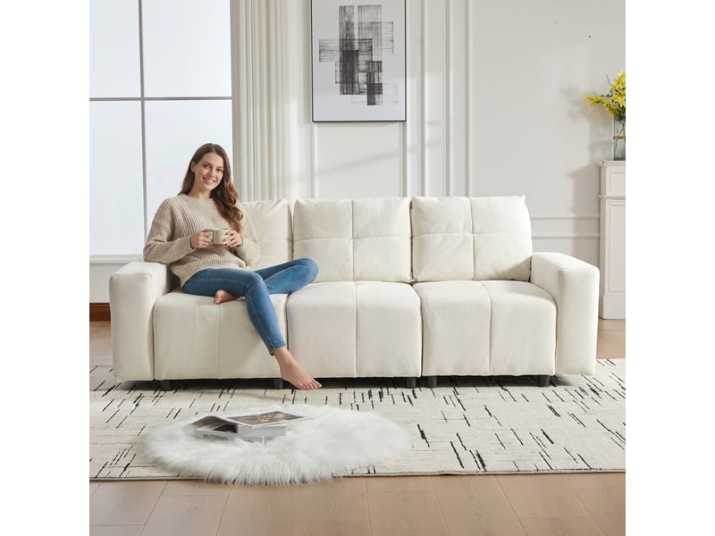  Canapé droit 3 places 213 cm en chenille beige blanc, profondeur réglable IKSETERA TRADING LTD - Conforama D