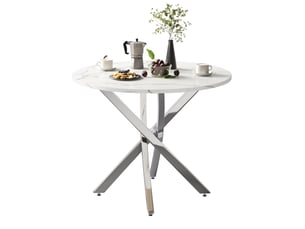 Table à manger ronde 80x80x75 cm, plateau effet marbré, design contemporain, panneau de fibres blanc et argenté