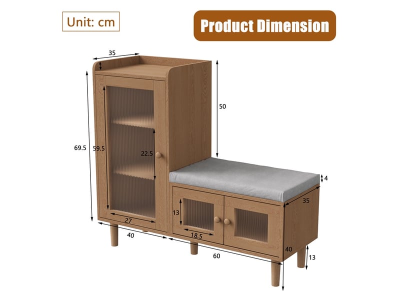  Meuble à chaussures 100x35x90 cm - banc d'entrée avec coussin, portes vitrées et étagères réglables - chêne naturel  - Conforama E