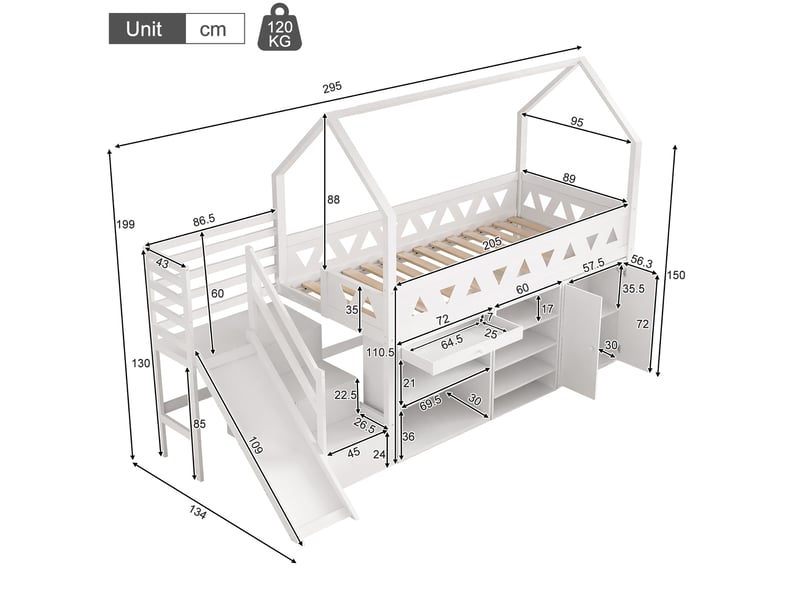  Lit enfant surélevé 90 x 200 cm avec toboggan, escalier, tiroirs et rangements, blanc  - Conforama C