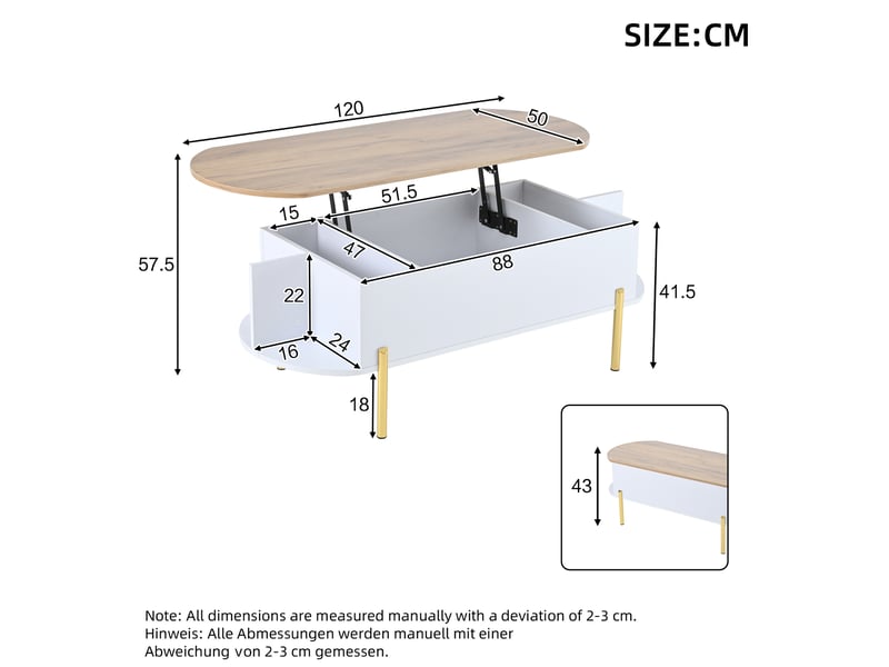  Table basse relevable 120 x 50 cm avec rangement, mdf blanc, plateau couleur bois  - Conforama C