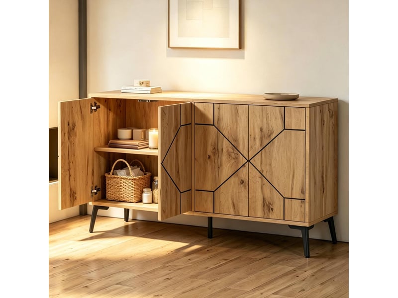  Buffet bas 4 portes à ouverture par pression, 4 compartiments, style industriel en mdf chêne clair, 120 × 35 × 69 cm  - Conforama E